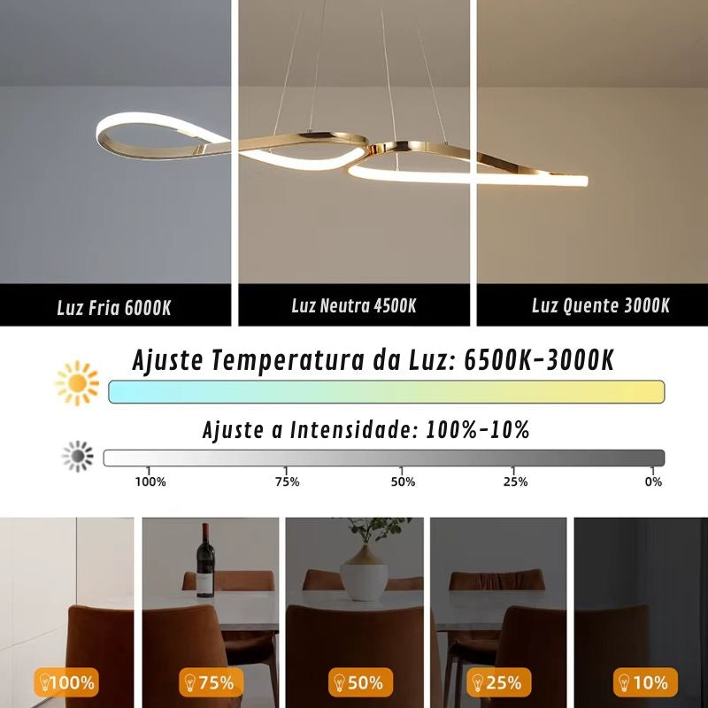 Lustre Pendente Minimalista Orgânico Gran Luxo Verona LEDZ – Dourado/Prata/Preto – 100cm – Controle Remoto e App