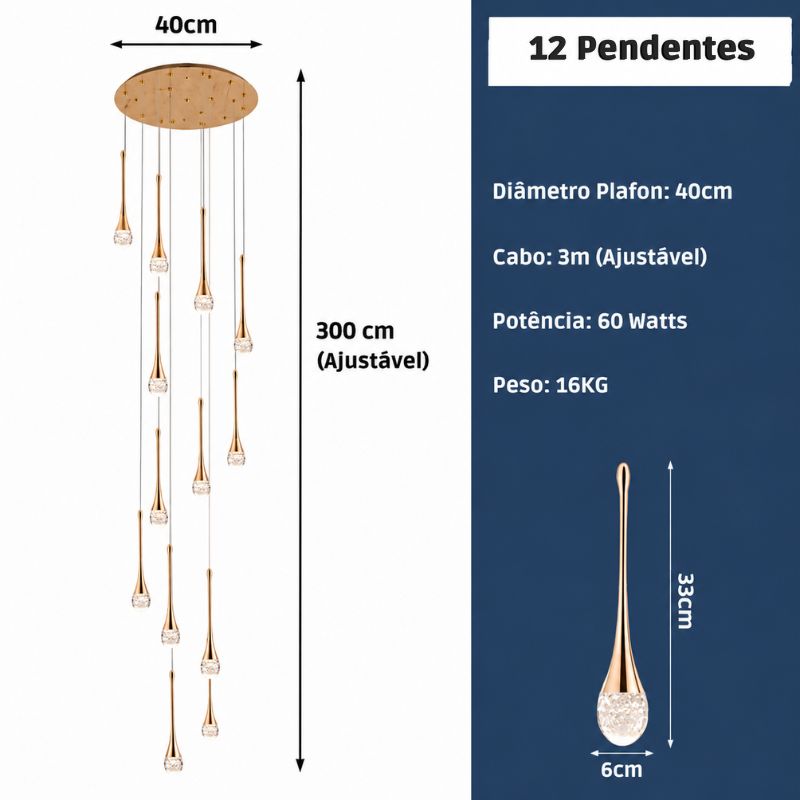 Lustre Pendente de Luxo para Pé-Direito Duplo Pingo Dourado/Preto LEDZ – 6 Pingos / 8 Pingos / 10 Pingos / 12 Pingos / 15 Pingos