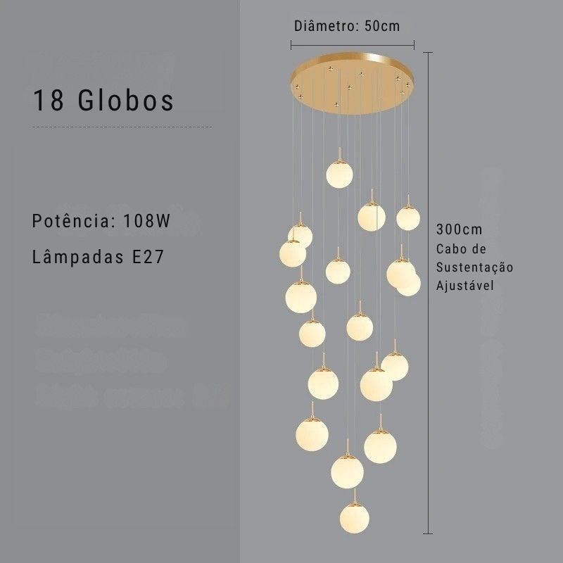 Lustre Pendente de Luxo para Pé-Direito Duplo Globos Estilo Clássico LEDZ - Dourado/Prata – 6 Globos / 9 Globos / 12 Globos / 18 Globos / 24 Globos