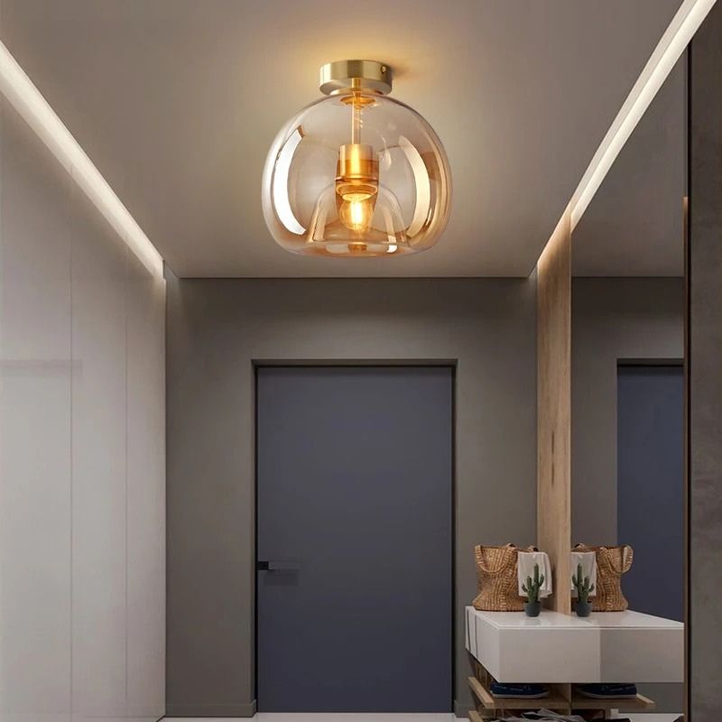 Lustre Luminária de Teto Plafon de Luxo com Cúpula de Vidro Monza LEDZ – Dourado - Âmbar / Preto – Fumê