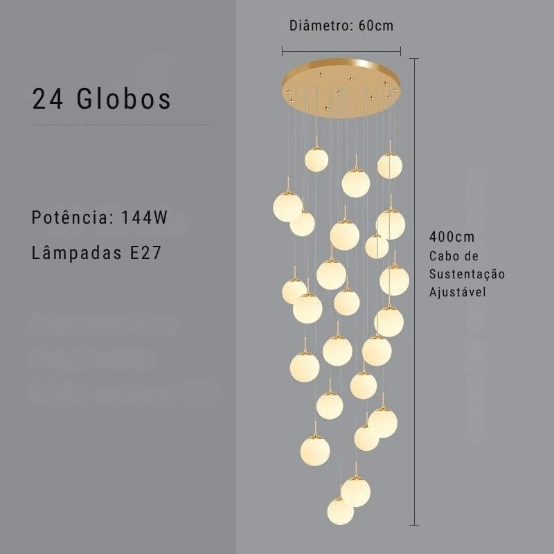 Lustre Pendente de Luxo para Pé-Direito Duplo Globos Estilo Clássico LEDZ - Dourado/Prata – 6 Globos / 9 Globos / 12 Globos / 18 Globos / 24 Globos