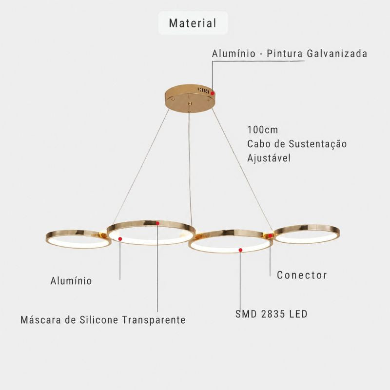 Lustre Pendente Minimalista Orgânico Firenze LEDZ – Dourado/Prata/Preto – 107cm
