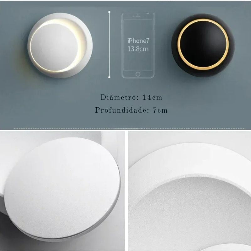 Luminária Arandela de Parede Moderna Minimalista Rotacionável Orbit LEDZ – Preta/Branca – 14cm