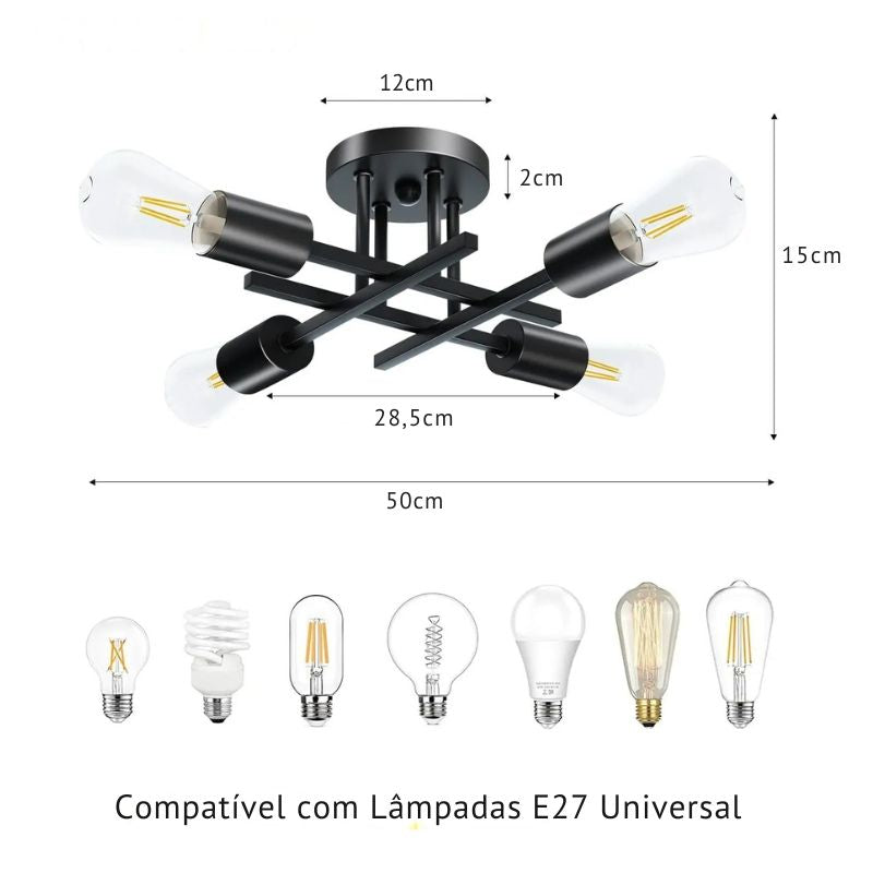 Lustre Luminária de Teto Plafon Nordico 4 Hastes Viggo LEDZ – Prata/Preto/Dourado