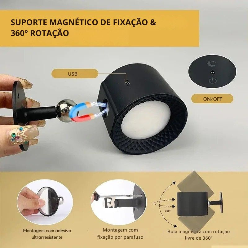 Luminária Arandela de Parede Sem Fio Com Controle Remoto Recarregável Para Decoração/Quadros/Espelhos Lexys LEDZ – Preto/Branco