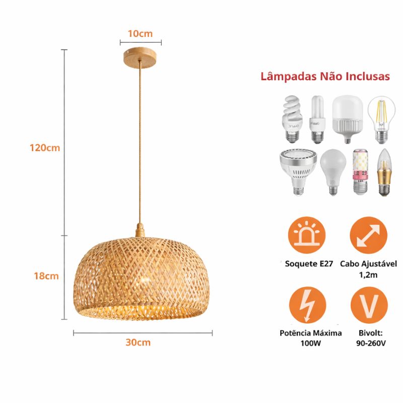 Lustre Pendente Estilo Japonês Wabi Sabi Bambu Artesanal - Takumi Led
