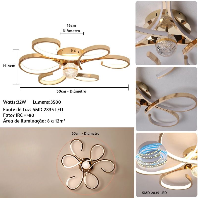 Lustre Luminária de Teto Plafon de Luxo Fiorenza LEDZ - Dourado/Prata/Preto - 60cm
