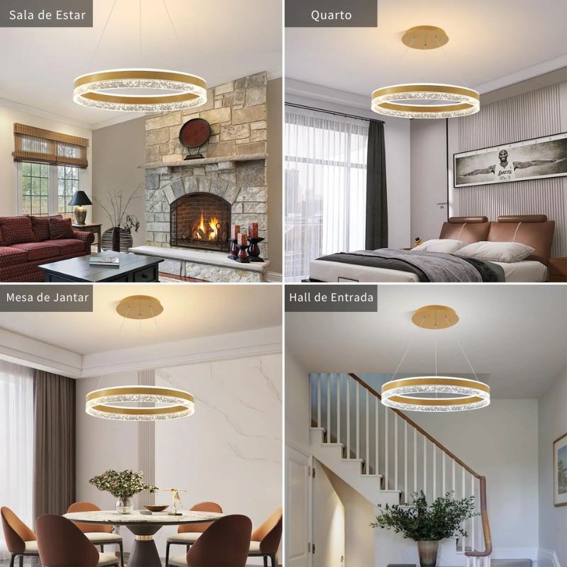 Lustre Pendente de Luxo Circular Versailles LEDZ - Preto/Branco/Dourado - 50cm