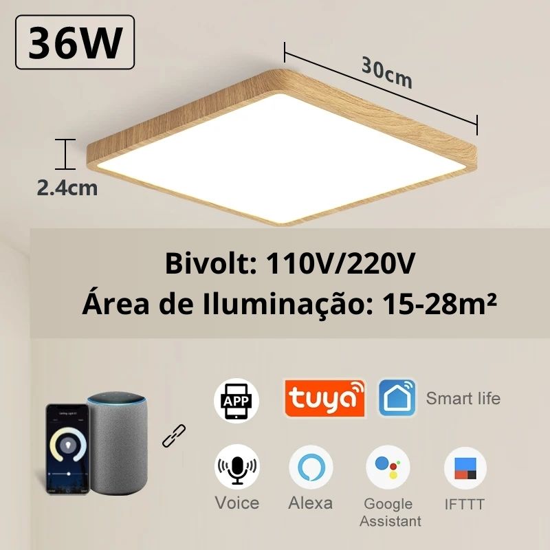 Luminária de Teto Plafon Ultra Slim LED - Quadrado com Conexão ALEXA e App de Celular