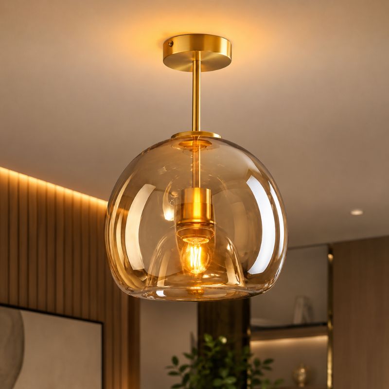 Lustre Luminária de Teto Plafon de Luxo com Cúpula de Vidro Monza LEDZ – Dourado - Âmbar / Preto – Fumê