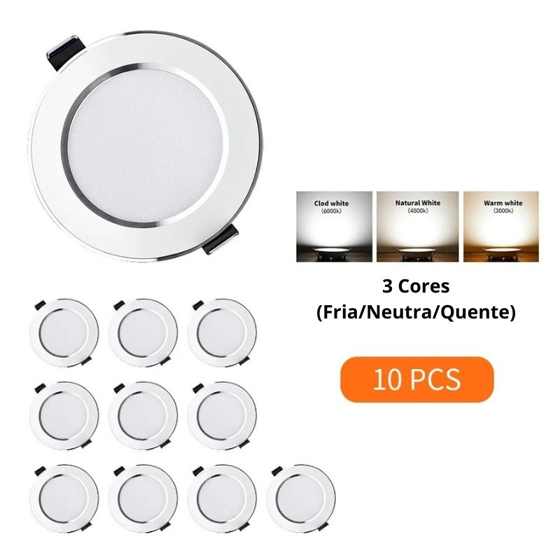 KIT 10 Un. - Spot Led de Embutir Redondo Branco Acabamento Cromado 5W, 9W, 12W, 15W - LEDZ 10VX