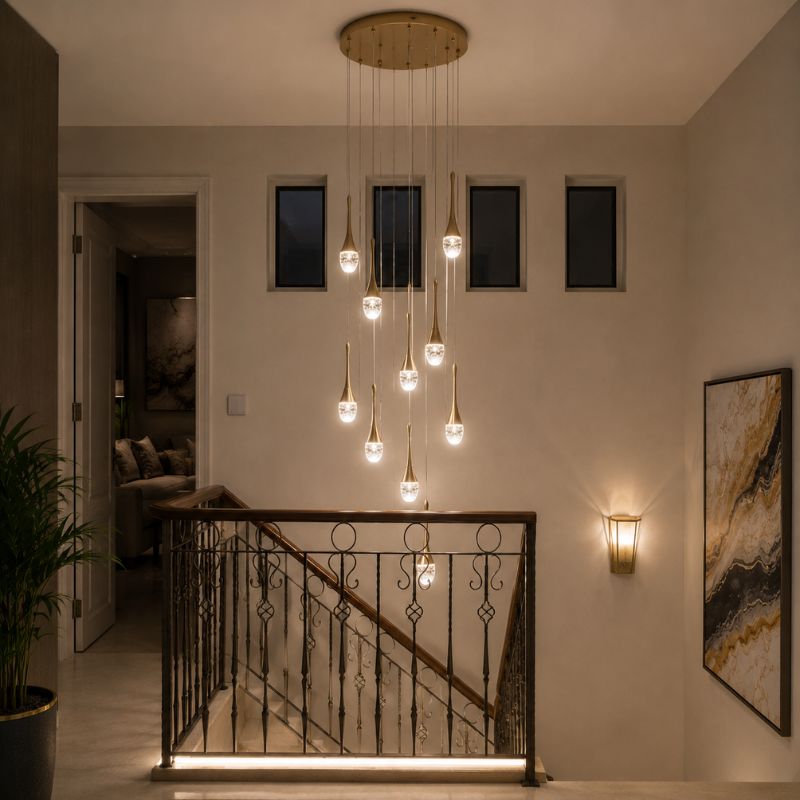 Lustre Pendente de Luxo para Pé-Direito Duplo Pingo Dourado/Preto LEDZ – 6 Pingos / 8 Pingos / 10 Pingos / 12 Pingos / 15 Pingos