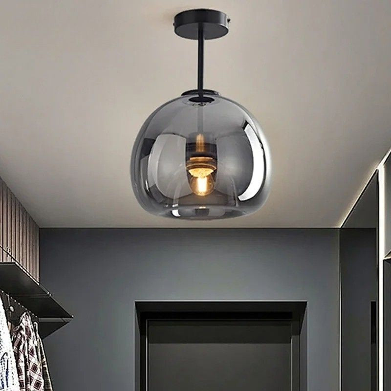 Lustre Luminária de Teto Plafon de Luxo com Cúpula de Vidro Monza LEDZ – Dourado - Âmbar / Preto – Fumê