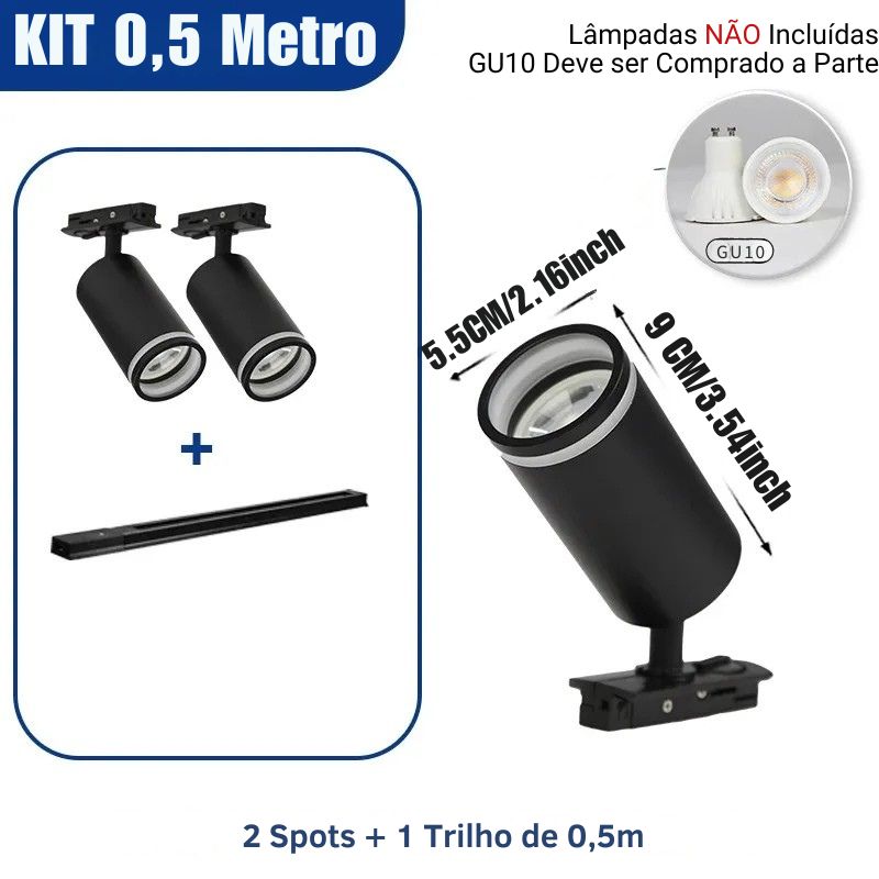 Luminária Trilho de Teto Eletrificado Modular Com Spots Ajustáveis, GU10, LEDZ - Preto/Branco