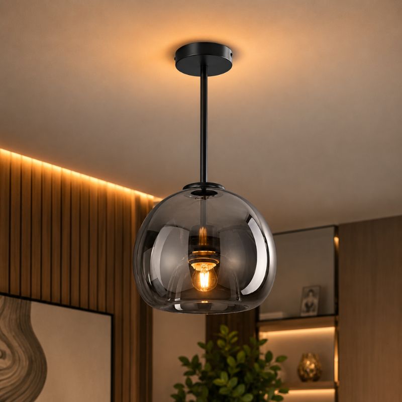 Lustre Luminária de Teto Plafon de Luxo com Cúpula de Vidro Monza LEDZ – Dourado - Âmbar / Preto – Fumê