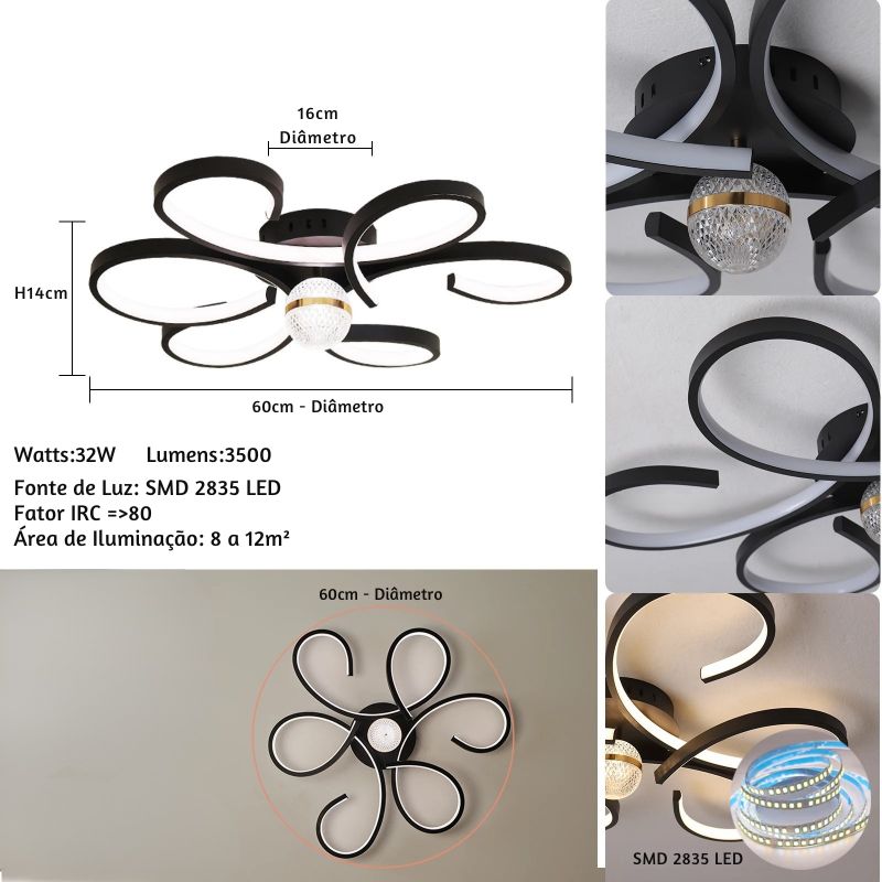 Lustre Luminária de Teto Plafon de Luxo Fiorenza LEDZ - Dourado/Prata/Preto - 60cm