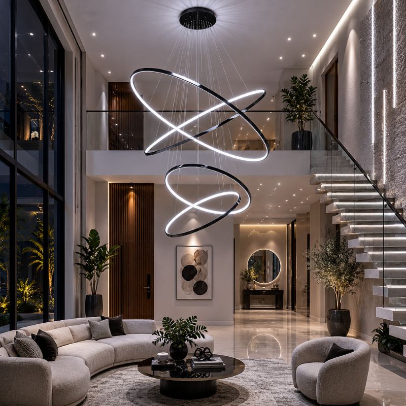 Lustre Pendente de Luxo para Pé-Direio Duplo Atena LEDZ – 5 Anéis (3 metros) / 4 Anéis (2 metros)