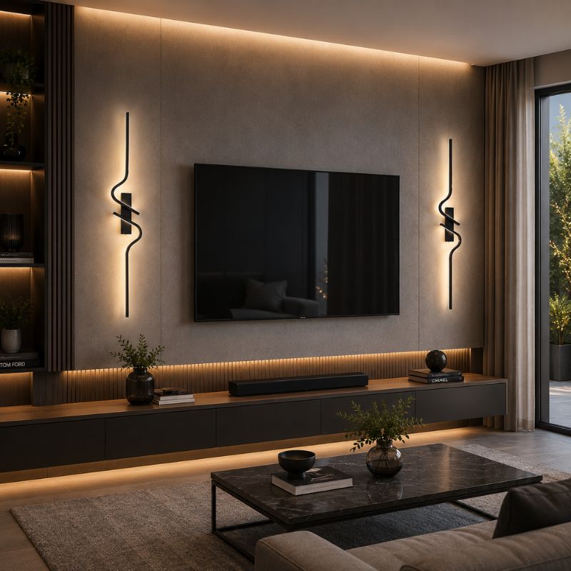 Luminária Arandela de Parede Minimalista Estilo Nordico Sorelle Slim LEDZ – 60cm/80cm/100cm – Dourado/Preto