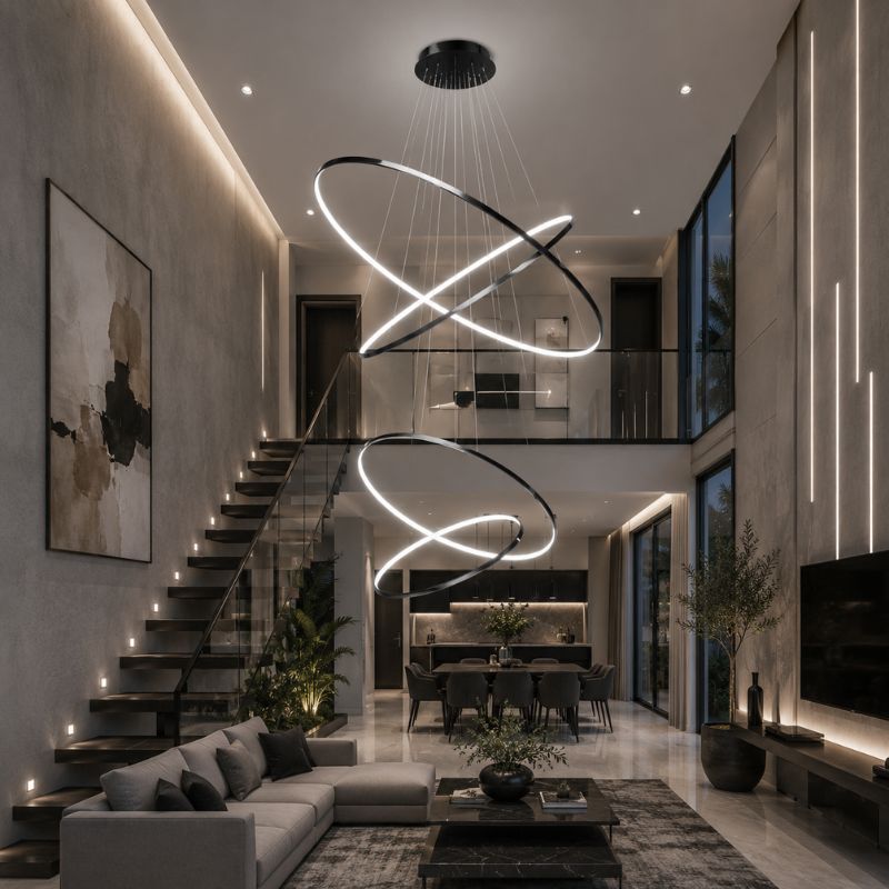 Lustre Pendente de Luxo para Pé-Direio Duplo Atena LEDZ – 5 Anéis (3 metros) / 4 Anéis (2 metros)