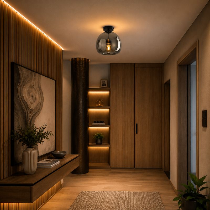 Lustre Luminária de Teto Plafon de Luxo com Cúpula de Vidro Monza LEDZ – Dourado - Âmbar / Preto – Fumê