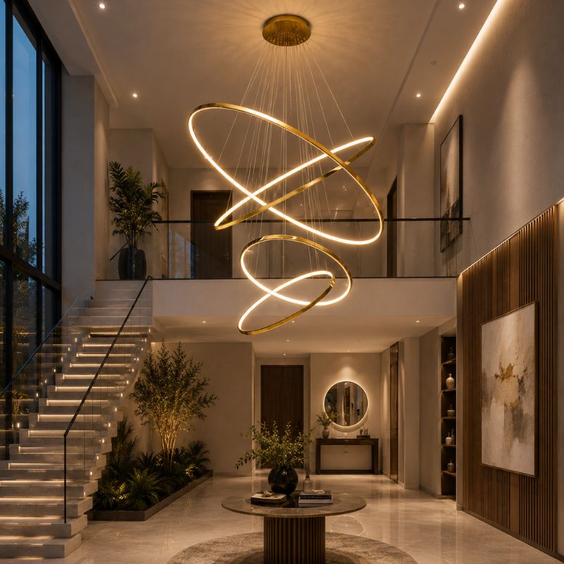 Lustre Pendente de Luxo para Pé-Direio Duplo Atena LEDZ – 5 Anéis (3 metros) / 4 Anéis (2 metros)