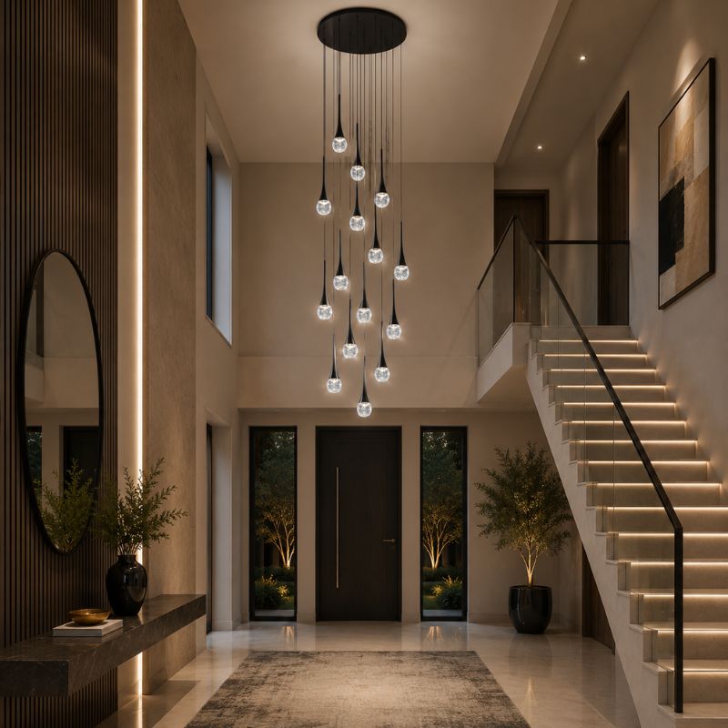Lustre Pendente de Luxo para Pé-Direito Duplo Pingo Dourado/Preto LEDZ – 6 Pingos / 8 Pingos / 10 Pingos / 12 Pingos / 15 Pingos