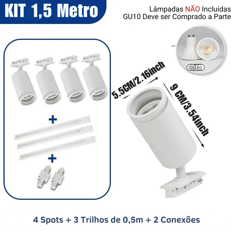Luminária Trilho de Teto Eletrificado Modular Com Spots Ajustáveis, GU10, LEDZ - Preto/Branco