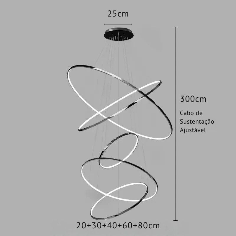 Lustre Pendente de Luxo para Pé-Direio Duplo Atena LEDZ – 5 Anéis (3 metros) / 4 Anéis (2 metros)