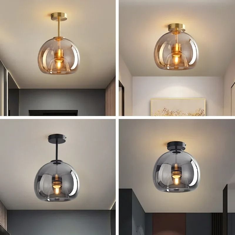 Lustre Luminária de Teto Plafon de Luxo com Cúpula de Vidro Monza LEDZ – Dourado - Âmbar / Preto – Fumê