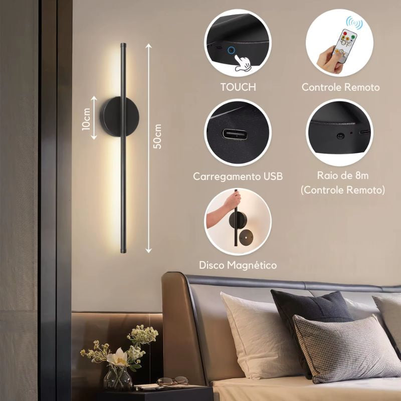 Luminária Arandela de Parede Sem Fio com Controle Remoto - Tendency LED - Preto/Dourado - 50cm