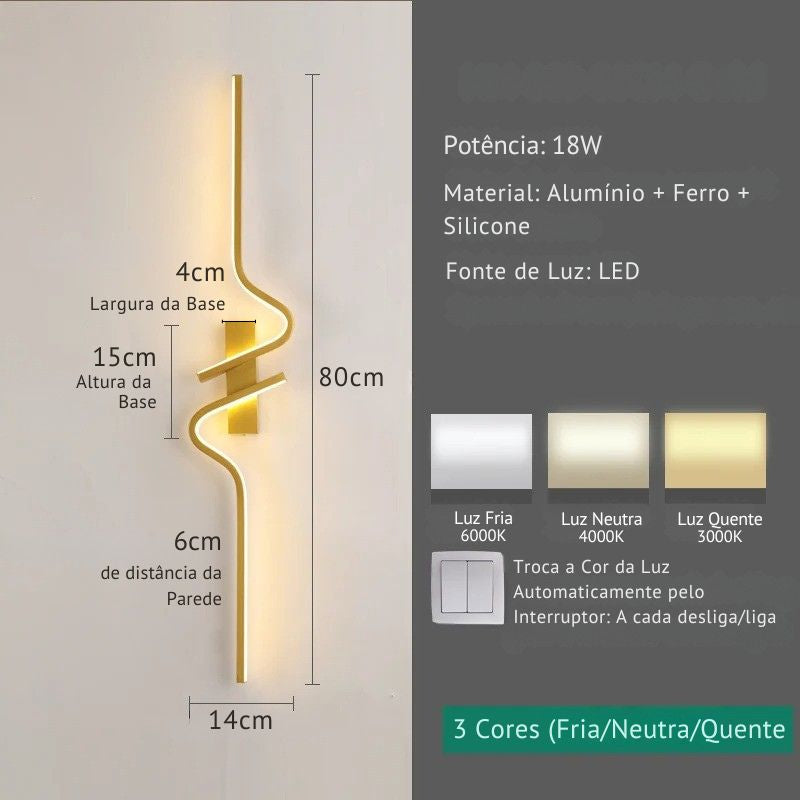 Luminária Arandela de Parede Minimalista Estilo Nordico Sorelle Slim LEDZ – 60cm/80cm/100cm – Dourado/Preto