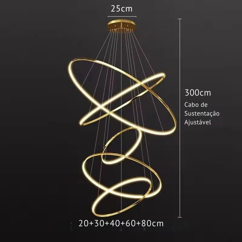 Lustre Pendente de Luxo para Pé-Direio Duplo Atena LEDZ – 5 Anéis (3 metros) / 4 Anéis (2 metros)