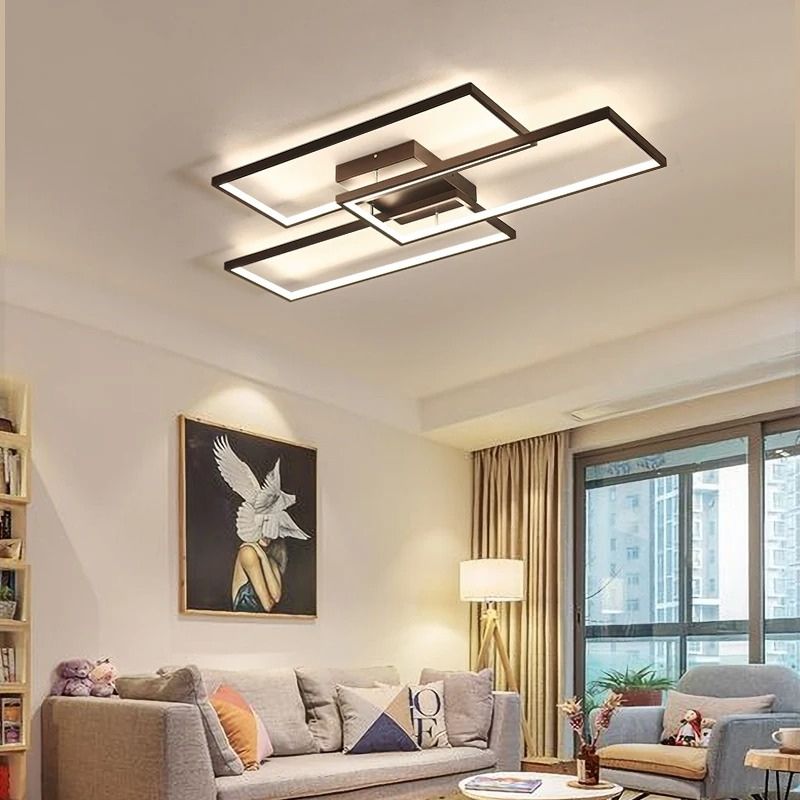 Lustre Luminária de Teto Geométrico Retangular Minimalista Com Controle Remoto e App de Celular – Preto/Branco/Dourado – 60cm/78cm