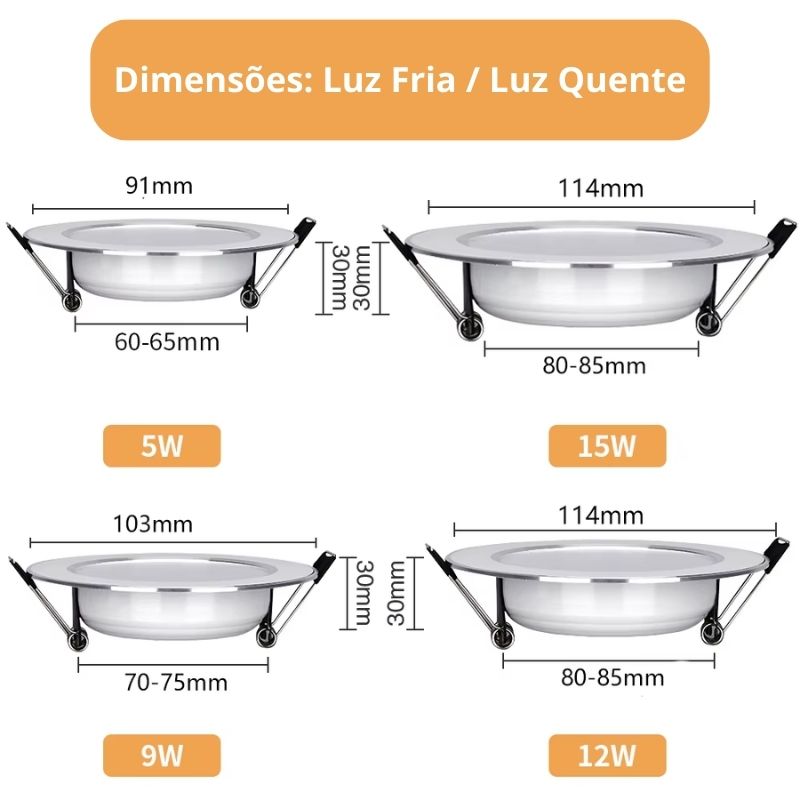 KIT 10 Un. - Spot Led de Embutir Redondo Branco Acabamento Cromado 5W, 9W, 12W, 15W - LEDZ 10VX