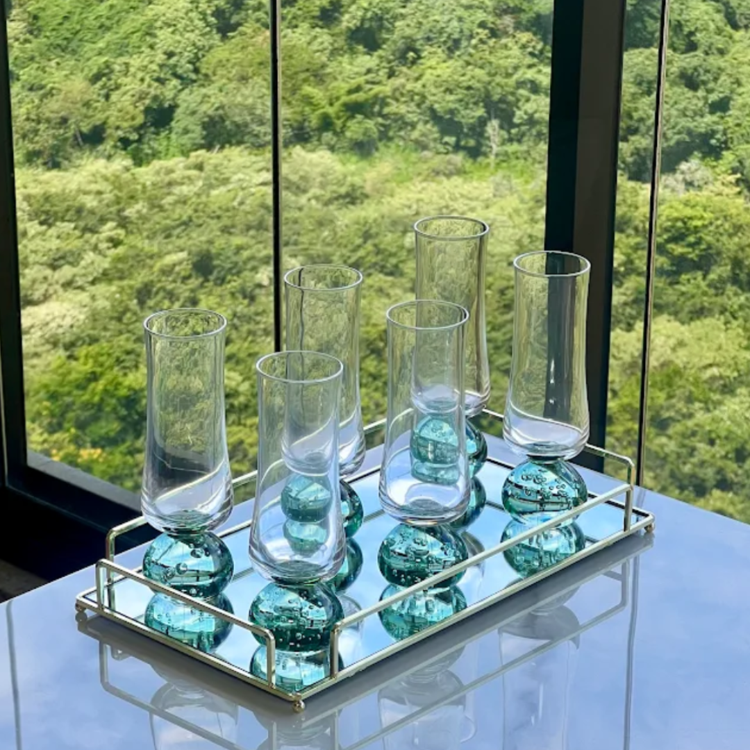 Jogo 6 Taças Champanhe Base Esfera Verde e Transparente 240ml
