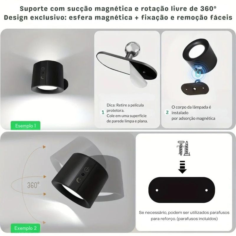 Luminária Arandela de Parede Sem Fio Com Controle Remoto Recarregável Para Decoração/Quadros/Espelhos Lexys LEDZ – Preto/Branco