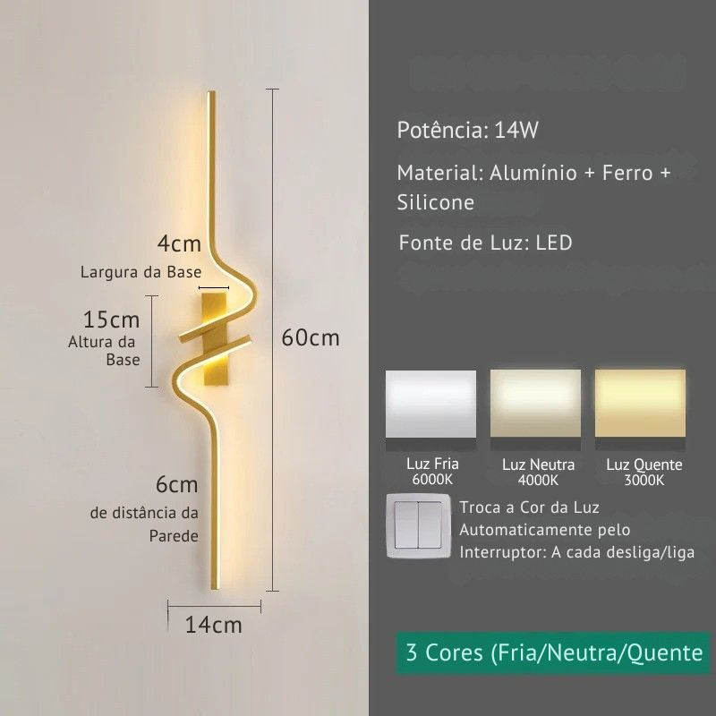 Luminária Arandela de Parede Minimalista Estilo Nordico Sorelle Slim LEDZ – 60cm/80cm/100cm – Dourado/Preto