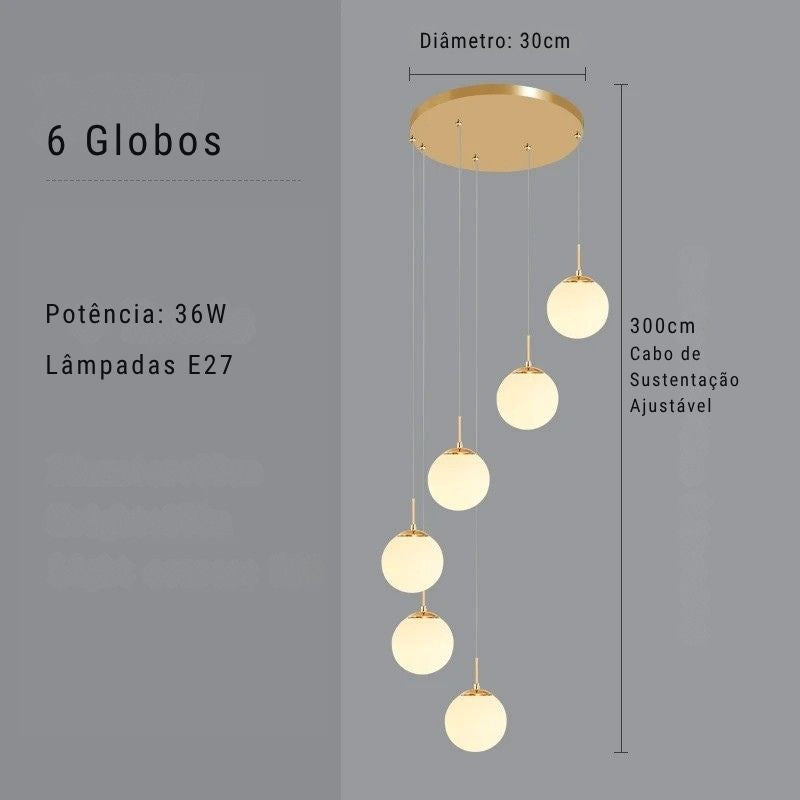Lustre Pendente de Luxo para Pé-Direito Duplo Globos Estilo Clássico LEDZ - Dourado/Prata – 6 Globos / 9 Globos / 12 Globos / 18 Globos / 24 Globos