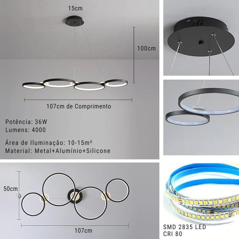 Lustre Pendente Minimalista Orgânico Firenze LEDZ – Dourado/Prata/Preto – 107cm