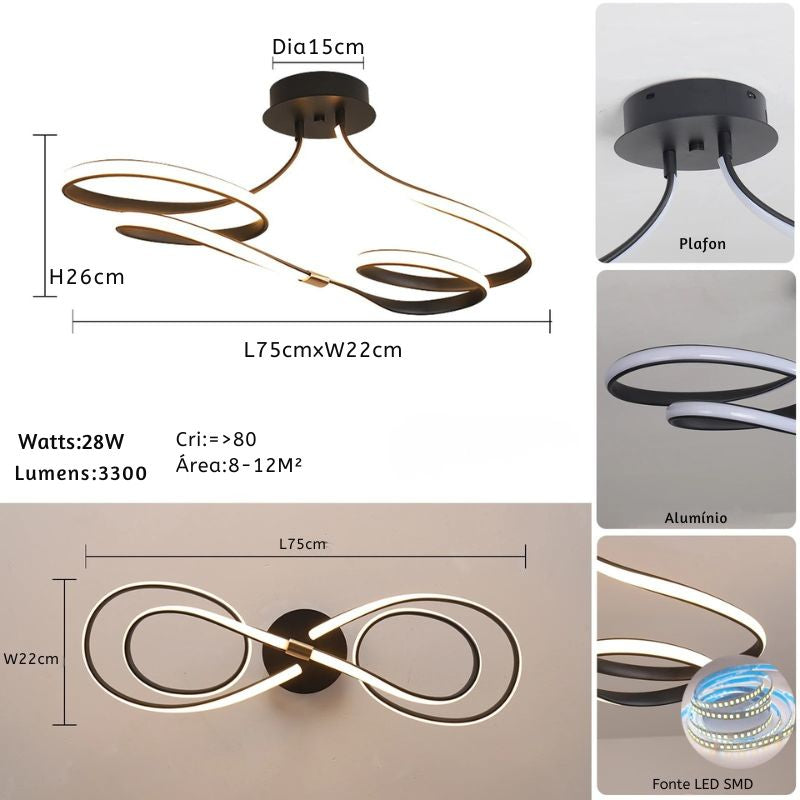 Lustre Luminária de Teto Plafon de Luxo Fluence LEDZ - Dourado/Prata/Preto – 75cm/96cm