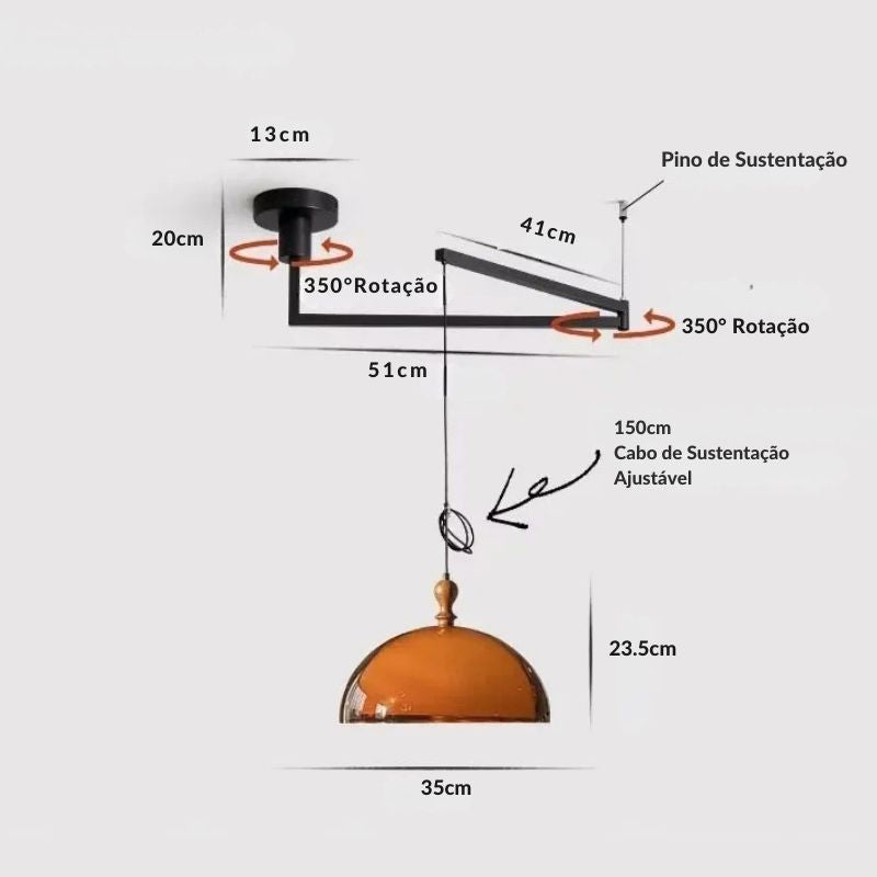 Lustre Pendente com Braço Articulado Estilo Bauhaus Dessau LEDZ – Âmbar Translúcido 35cm