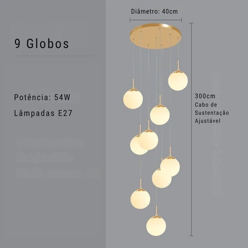 Lustre Pendente de Luxo para Pé-Direito Duplo Globos Estilo Clássico LEDZ - Dourado/Prata – 6 Globos / 9 Globos / 12 Globos / 18 Globos / 24 Globos