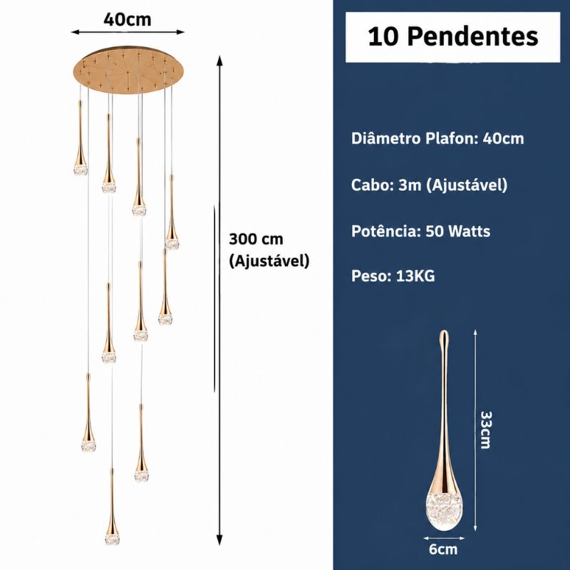 Lustre Pendente de Luxo para Pé-Direito Duplo Pingo Dourado/Preto LEDZ – 6 Pingos / 8 Pingos / 10 Pingos / 12 Pingos / 15 Pingos
