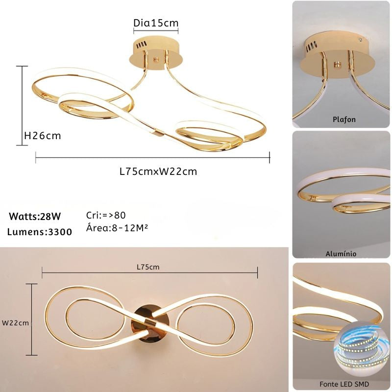 Últimas Unidades – 30% OFF | Lustre Luminária de Teto Plafon de Luxo Fluence LEDZ - Dourado/Prata/Preto – 75cm/96cm