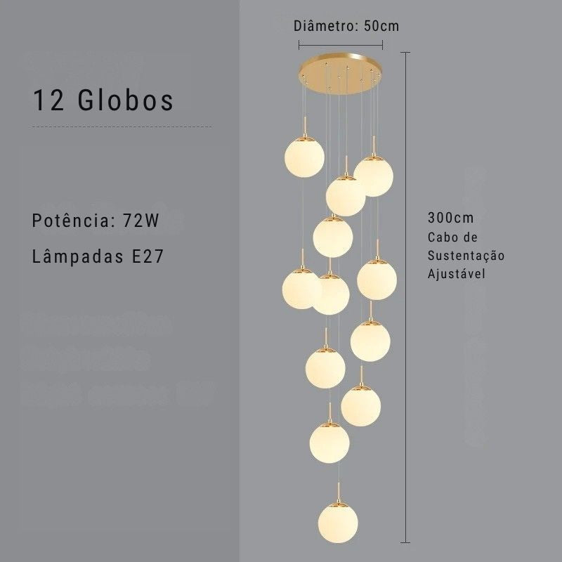 Lustre Pendente de Luxo para Pé-Direito Duplo Globos Estilo Clássico LEDZ - Dourado/Prata – 6 Globos / 9 Globos / 12 Globos / 18 Globos / 24 Globos