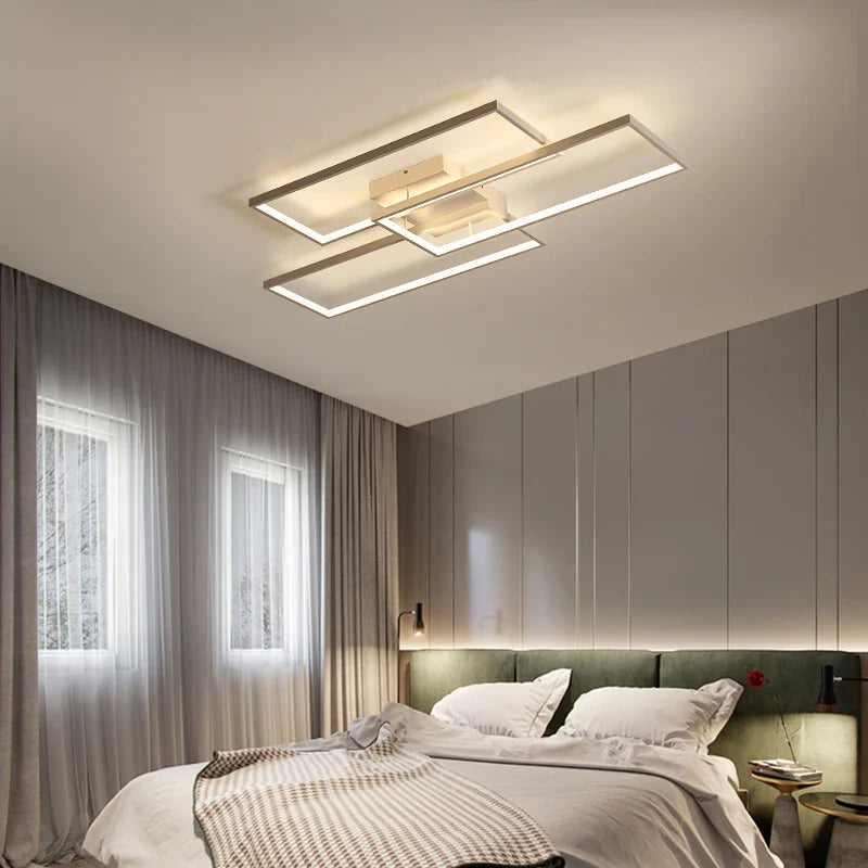 Lustre Luminária de Teto Geométrico Retangular Minimalista Com Controle Remoto e App de Celular – Preto/Branco/Dourado – 60cm/78cm