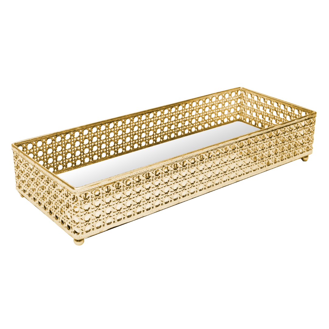 Bandeja Retangular de Metal Versalhes com Espelho Dourado 32cm