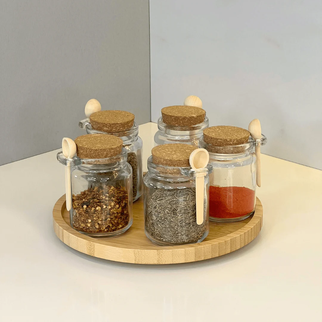 Kit 6 Potes de Vidro Tampa Rolha com Colher Bambu 240ml