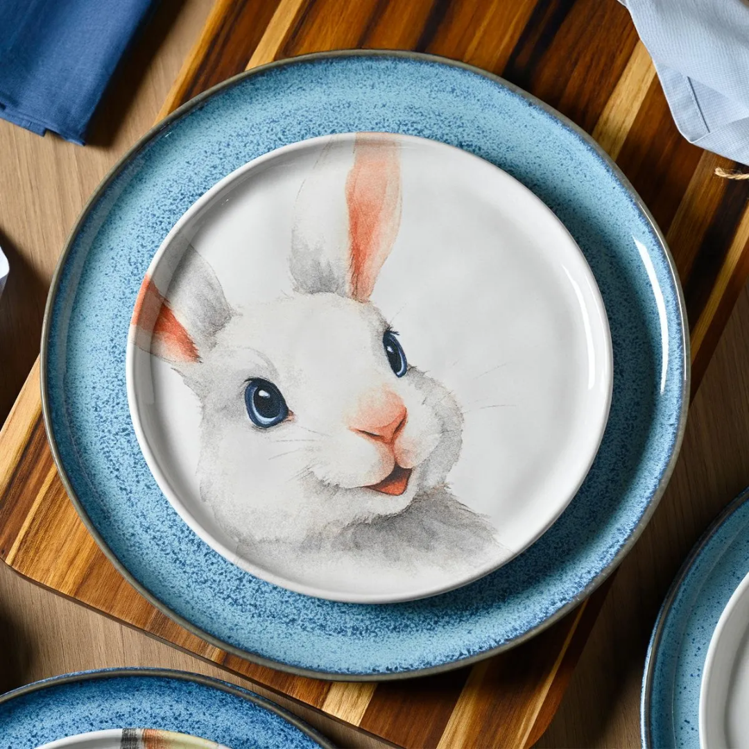 Jogo 6 Pratos de Sobremesa Coelhos Páscoa Cerâmica 21,5cm