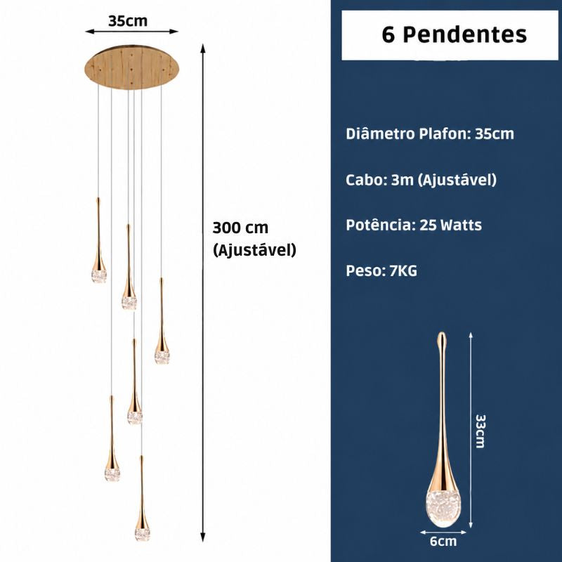 Lustre Pendente de Luxo para Pé-Direito Duplo Pingo Dourado/Preto LEDZ – 6 Pingos / 8 Pingos / 10 Pingos / 12 Pingos / 15 Pingos